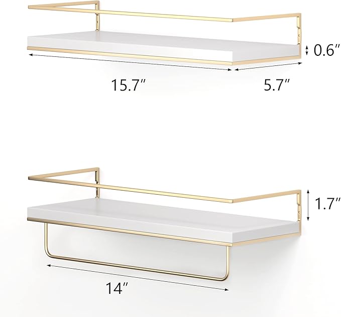 Shario White Floating Shelves - Set of 2, Wall Mounted Hanging Shelves with Golden Towel Rack, Decorative Storage Shelves for Bathroom, Kitchen, Living Room & Bedroom (White Gold, 15.7 Inches) | Hanging Shelves