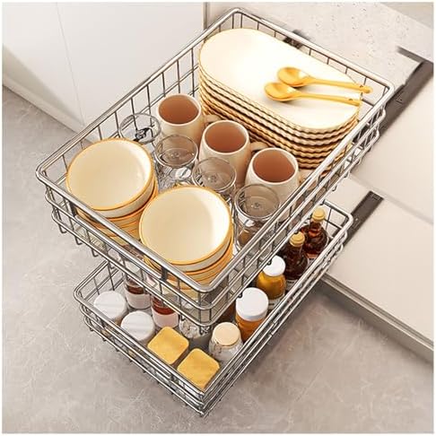 1/2 Pack Stainless Steel Pull-Out Cabinet Organizer - No Drilling, Adhesive Installation, Silent Full-Extension Slides for Kitchen, Pantry, Bathroom Storage Solutions