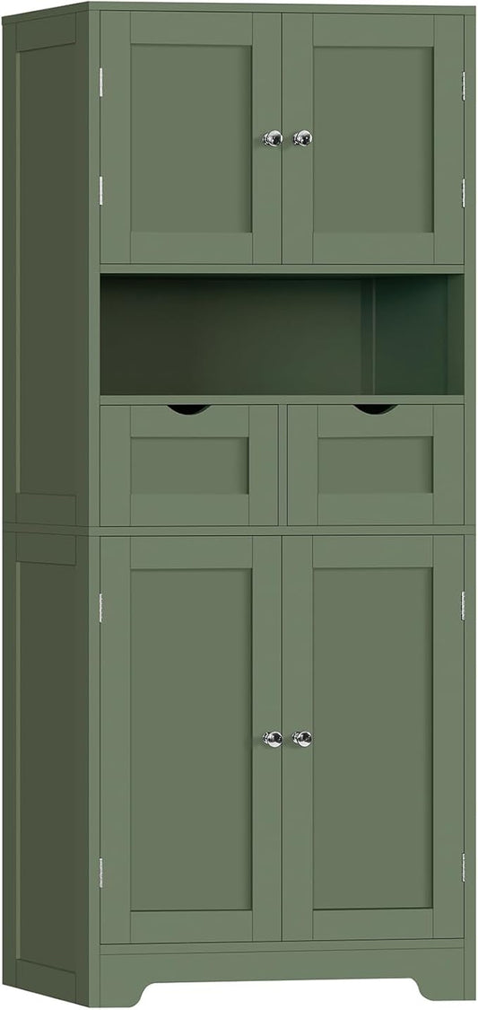 TEENFON 57.8" H Tall Bathroom Storage Cabinet with 2 Drawers & 2 Adjustable Shelves, Floor Cabinet with 4 Doors, Tall Cabinet for Living Room, Dining Room, Entryway, Forest Green