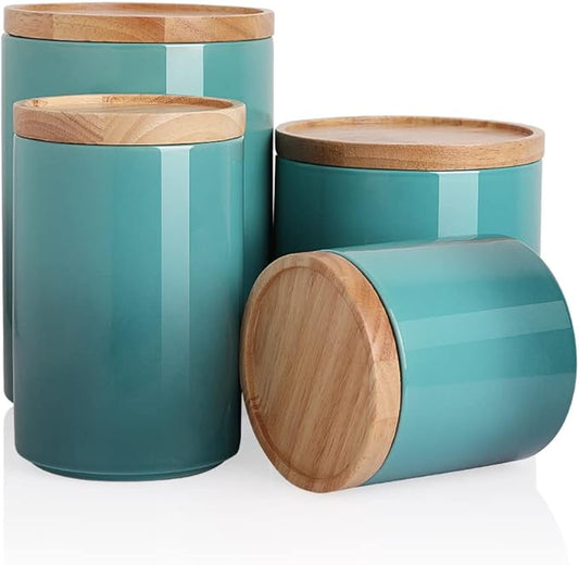 Sweejar Kitchen Canisters Ceramic Food Storage Jar Set, Stackable Containers with Airtight Seal Wooden Lid for Serving Ground Coffee, Tea, Herbs, Grains, Sugar, Salt - Set of 4 (Gradient Blue)