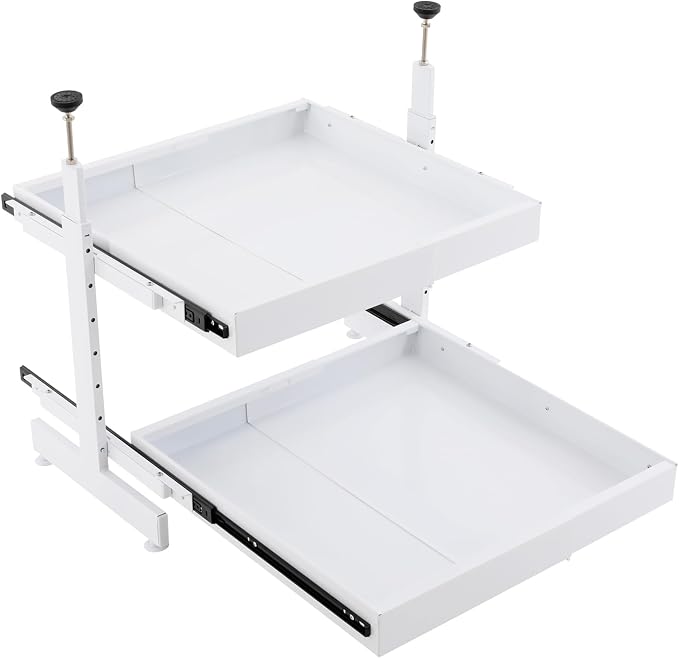 Cabinet Drawers Slide Out, 2 Tiers Expandable Pull out Cabinet Organizer No-Drilling, Slide out Drawers for Kitchen Cabinets Bathrooms, Laundry Rooms, Garages (White)