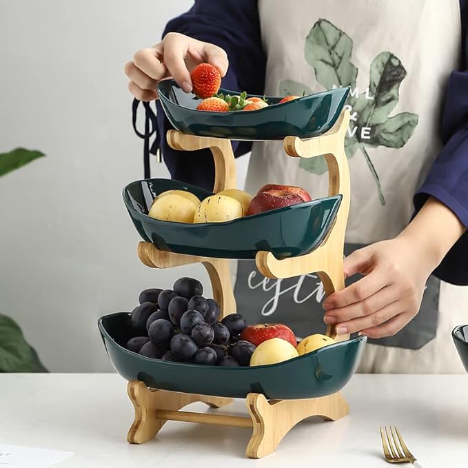 3 Tier Fruit Bowl With Bamboo Stand for Kitchen Counter,Ceramic Fruit Basket Large Capacity for Fruit Vegetable Storage,Snack Dessert Cake Tray Plate Rack for Party Wedding (Green)
