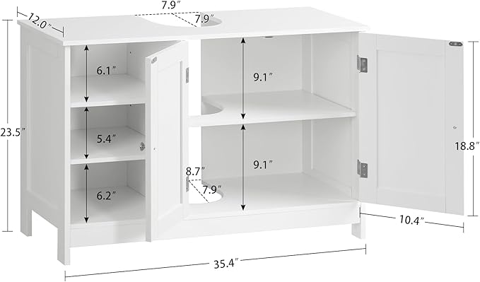 TEENFON 35.4" Pedestal Sink Storage Cabinet with 2 Doors and Adjustable Shelves, Bathroom Sink Cabinet, Under Sink Storage with U-Shape Cut-Out, White