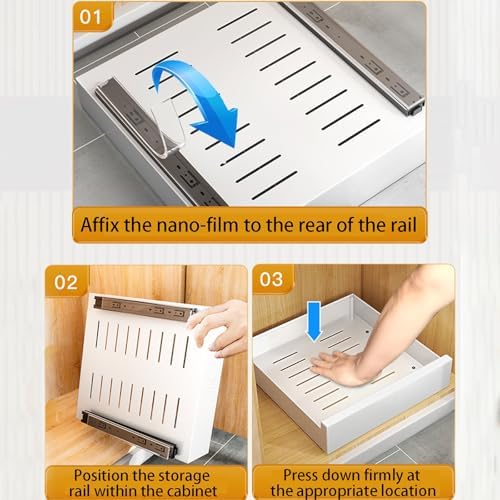 2 Pack Metal Pull Out Cabinet Organizer - Smooth Sliding Track, Removable Design for Easy Cleaning - No Drill Adhesive Slide Out Storage for Kitchen, Pantry, Bathroom Cabinets