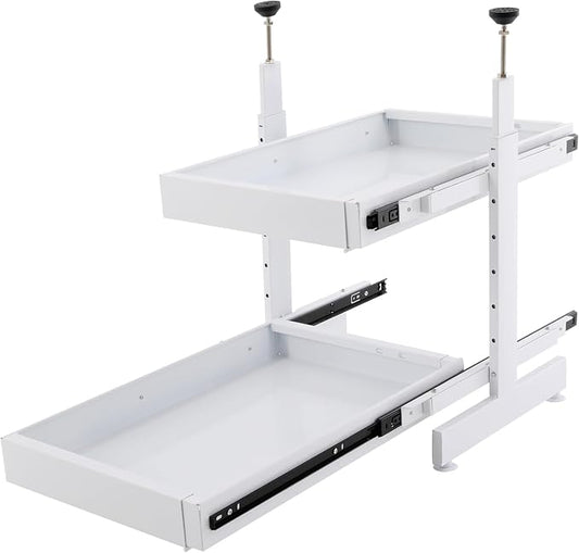 Pull Out Cabinet Organizer, Expandable Slide Out Shelves for Kitchen Cabinet (W 16"-24", H 18.5"-35.4"), No Drill 2-Tier Rolling Drawers, Slide Out Storage Rack for Pantry, Under Sink (White)