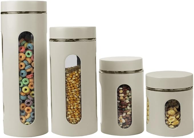 Retro Kitchen Canisters For Countertop (4 Piece Set) Grey By Home Basics - Glass with Metal Finish; See-Through Windows; Great For Flour, Coffee, Sugar, Dry Ingredients, Snacks