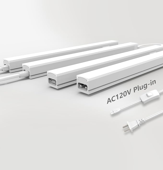 Leetdud Under Cabinet Lighting Plug in, 12 Inch 4 Pcs, Linkable AC120V 3CCT 3000K/4000K/5000K Ultra Slim, LED Under Cabinet Lights for Counter Light, Kitchen, Shelf, Sink, Workshop, Desk, White