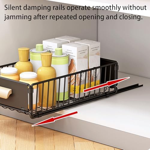2 Pack Under Sink Pull Out Cabinet Organizer - No Drilling, Adhesive Strips, Silent Full Extension Slides for Easy Storage and Access - Slide Out Drawer Solution