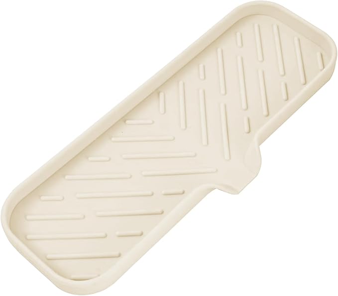 MicoYang Silicone Soap Dish with Drain Spout — Self-Draining Double Sink Organizer Tray for Kitchen & Bathroom, Dispensers, Sponges & Soap Holder, Non-Slip & Dishwasher Safe, Tapioca (Large, 12"×4")