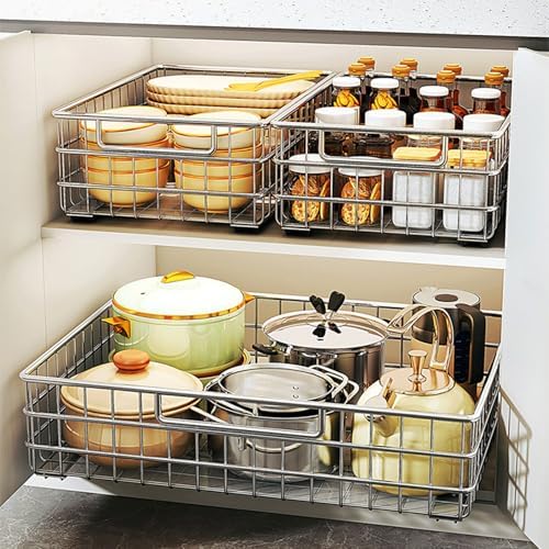 2-Pack Stainless Steel Pull-Out Cabinet Organizer, No Drilling Required, Adhesive Slide-Out Shelf with Silent Full-Extension Slides for Kitchen, Pantry, Bathroom Storage Solutions