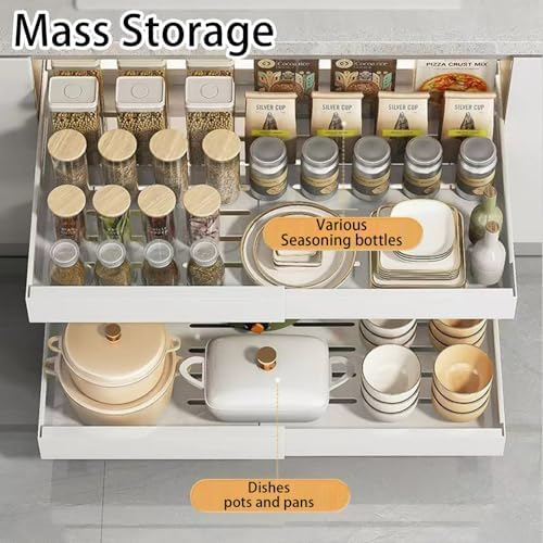 Expandable Pull Out Cabinet Organizer, Heavy Duty Sliding Pantry Shelves, No Drill, Adjustable 12.6"-20.4" Width, 20.4" Depth, Kitchen Storage Solution, White