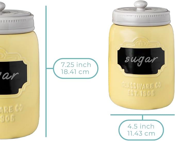 Comfify Mason Jar Ceramic Canister Set for Kitchen - Set of 3 Decorative Storage Containers with Air-Tight Lids for Coffee, Sugar - Country Style Storage w/Reusable Writable Surface - 12.85oz/Canister