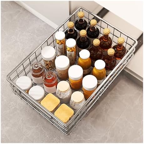 2 Pack Stainless Steel Pull Out Cabinet Organizer - No Drilling, Adhesive Mount, Silent Full Extension Slides for Kitchen, Pantry, and Bathroom Storage Solutions