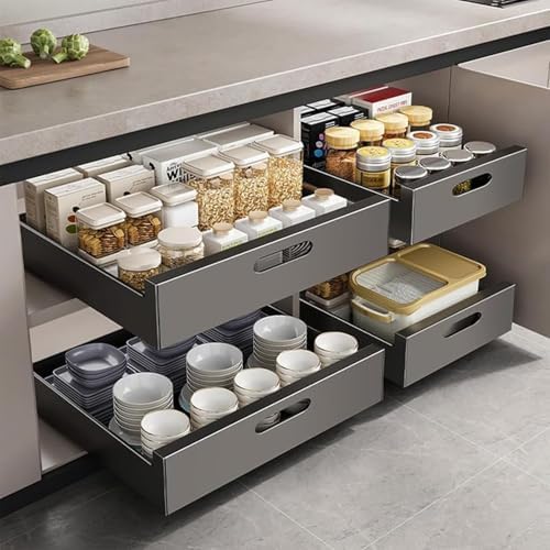 2PCS Heavy Duty Pull Out Cabinet Shelves - Drill-Free Slide Out Storage Drawers for Kitchen & Bathroom - 40cm Black Solution，Black 25cm