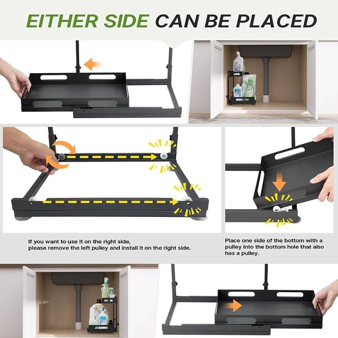 Under Sink Organizers and Storage, 2-Tier Sliding Under Sink Organizer, Under Cabinet Storage, Multi-Purpose Slide Out Sink Shelf, Under the Sink Organizer for Bathroom, Kitchen (Black)