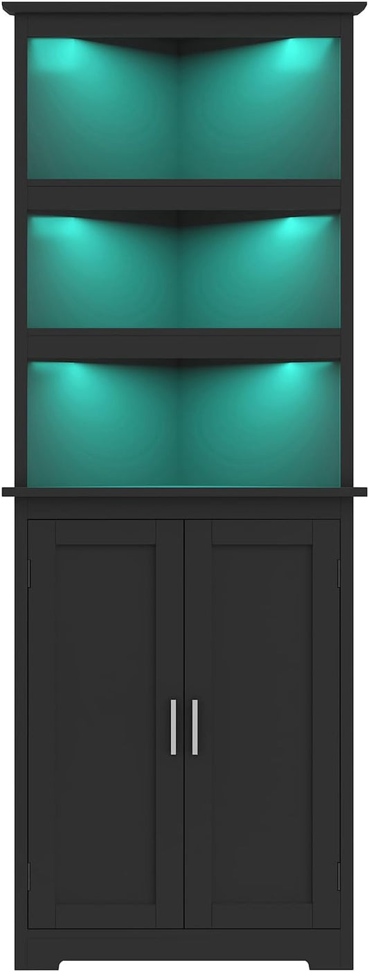 TEENFON Corner Cabinet, Tall Corner Hutch with 5 Shelves & 2 Doors, Bathroom Cabinet with Adjustable Shelf, for Living Room, Kitchen, Bathroom, Black