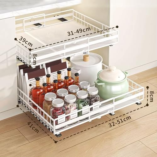 2 Pack Adjustable Pull-Out Cabinet Organizer - No Drill, Easy Adhesive Installation, Expandable Kitchen Drawer Slides with 3 Durable Rails for Maximum Storage Efficiency