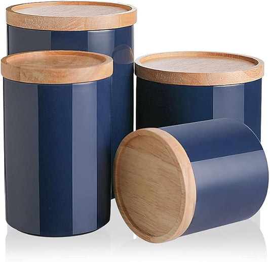 Sweejar Kitchen Canisters Ceramic Food Storage Jar Set, Stackable Containers with Airtight Seal Wooden Lid for Serving Ground Coffee, Tea, Herbs, Grains, Sugar, Salt - Set of 4 (Navy)