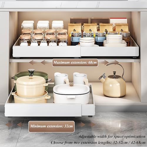 2-Pack Under Sink Organizer - Expandable Pull-Out Sliding Drawers for Bathroom & Kitchen, Adjustable Length Multi-Purpose Roll-Out Shelf for Efficient Storage Solutions