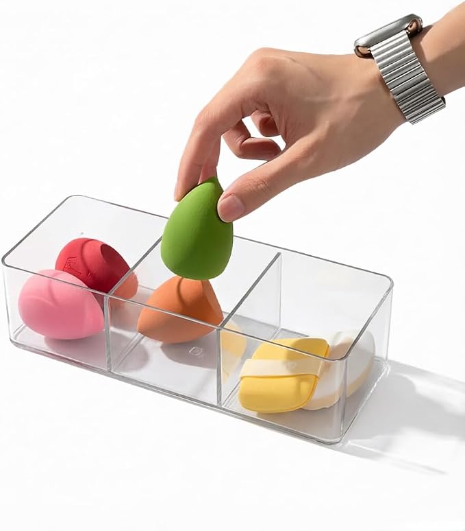3-Compartment Clear Acrylic Organizer, Makeup Sponge & Puff Holder for Vanity Countertop, Bathroom, Cosmetic Station & Dressing Table