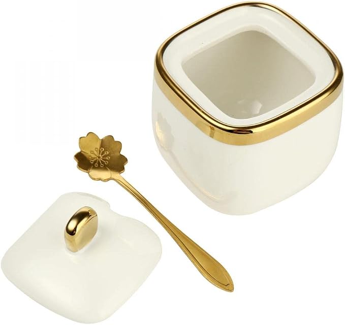 Porcelain Condiment Jar Spice Container with Tray Ceramic Serving Spoon and Lid, Spice Sugar Ceramic Condiment Pot Creative Seasoning Box for Your Home, Kitchen, Counter (White)