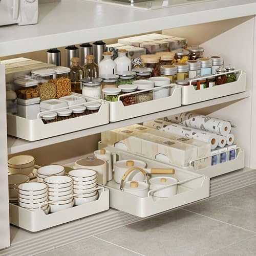 Pull Out Cabinet Organizer No Drilling, 14cm Raised Design & Removable for Easy Cleaning, Kitchen & Bathroom Storage Solution, Pantry Shelf Organizer