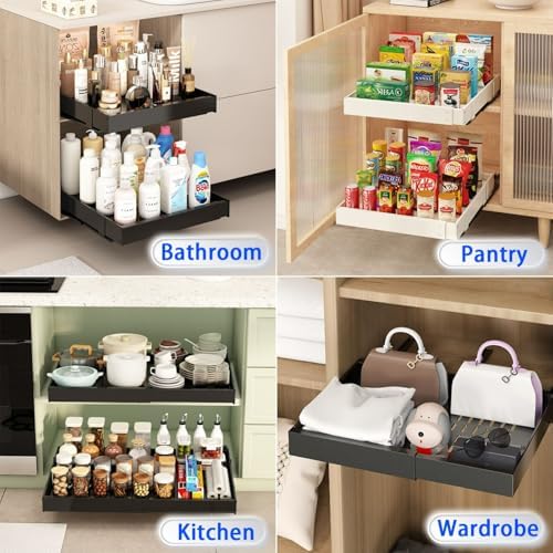 Expandable Pull-Out Cabinet Organizer, Kitchen Storage Solution, Extendable Sliding Pantry Shelves, No-Punch Heavy Duty Design, Fits 12.6-20.4" W x 20.4" D (White)