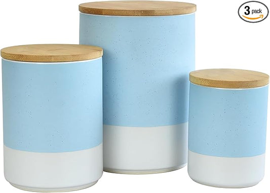 Food Storage Jars with Airtight Wood Lids，3-Pack Ceramic Canister Set for Flour Cereal Sugar Tea Coffee Beans Snacks– Modern Container Kitchen Pantry Storage Jar(Blue)