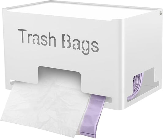 STWWO Extra Large Trash Bag Holder Dispenser, Metal Garbage Bag Dispenser Roll Holder, Trash Storage Organizer for Kitchen Laundry Room Under Sink, Wall Mounted or Freestanding, White