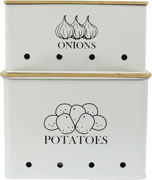 Potato and Onion Storage Bin Set of 2, Vented Metal Vegetable Storage with Wooden Lids, Farmhouse Kitchen Canisters for Countertop Pantry Organizer, Potato Bin Onion Holder for Produce Storage, White