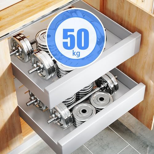 2 Pack Metal Pull Out Cabinet Organizer - Smooth Sliding Track, Removable Design for Easy Cleaning - No Drill Adhesive Slide Out Storage for Kitchen, Pantry, Bathroom Cabinets