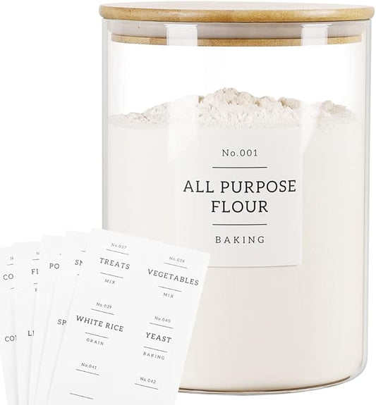 HHMJSM Large Glass Storage Jars With Airtight Bamboo Lid - 100 Fl Oz Thicken Kitchen Glass Food Storage Canister With 42 Pantry Labels - Big Clear Flour And Sugar Containers Farmhouse