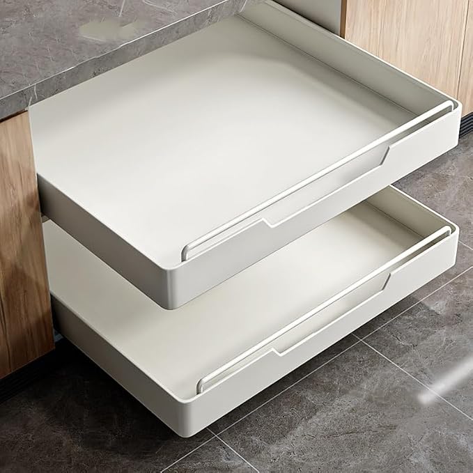 Kitchen Cabinet Organizer Pull Out Drawers Stick On Slide Out Drawers for Cupboards Roll Out Extendable Sliding Drawer No Drill Needed White,Width 30cm