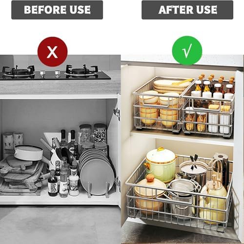 2 Pack Stainless Steel Pull Out Cabinet Organizer - No Drilling, Adhesive Mount, Silent Full Extension Slides for Kitchen, Pantry, and Bathroom Storage Solutions