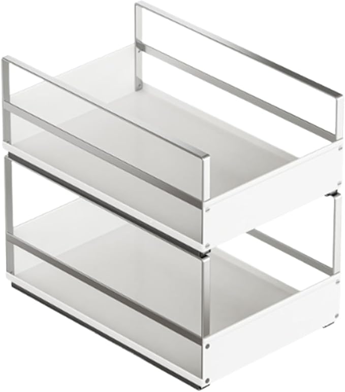 Pull Out Cabinet Organizer with Adhesive Nano Film, Heavy Duty Slide Out Pantry Shelves Drawer Storage, Under Sink Organizers for Bathroom, Kitchen (White,Stackable-11”W x 16.54”Dx 14.57”H)