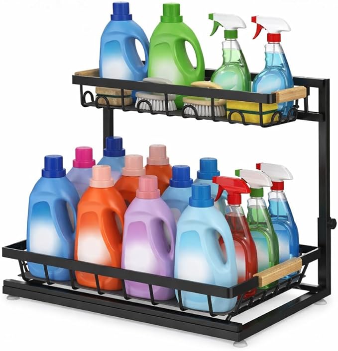 2-Tier Multi-Purpose Bathroom Under Sink Organizers and Storage, Black Adjustable Rack with Wooden Handles for Stackable Kitchen Pantry Organization
