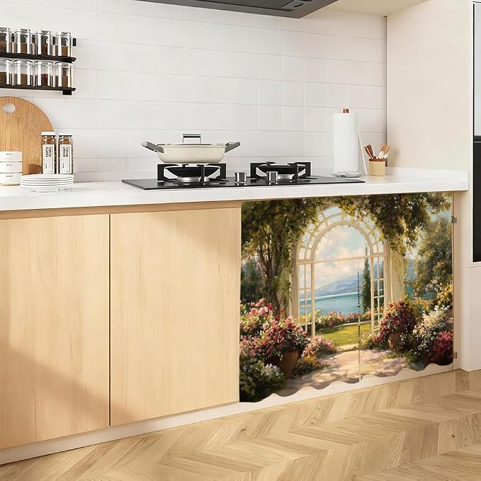 Self Adhesive Secret Garden Cabinet Curtain for Mother's Day, 39x28 Inch Lake Scenery Under Sink Skirt No Drill, Spring Cleaning Kitchen Decor, Hook and Loop Laundry Valance