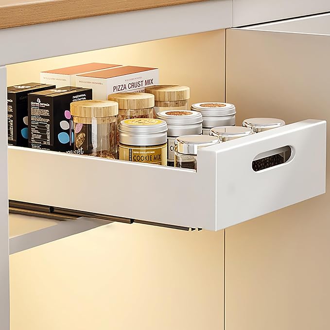 Slide Out Drawer Storage Shelves For Cupboard Cabinet,Extendable Sliding Drawer,No Need Drill and Nailing,for Pantry and Bathroom Vanity,with Adhesive Nano Film. ( Color : White , Size : 25*43*7cm )