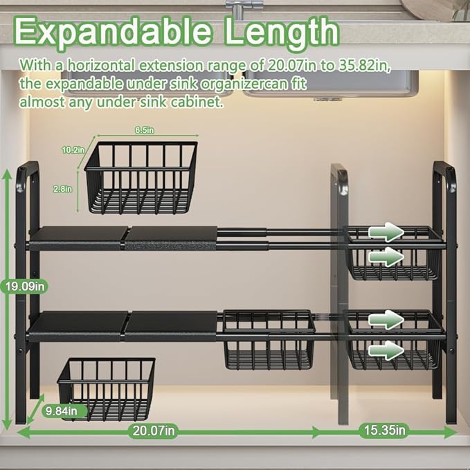 Under Sink Organizer and Storage 2 Tier Expandable Shelves Kitchen Cabinet Crganizers with 4 Baskets and 4 Panels for Bathroom Counter shelf Pantry