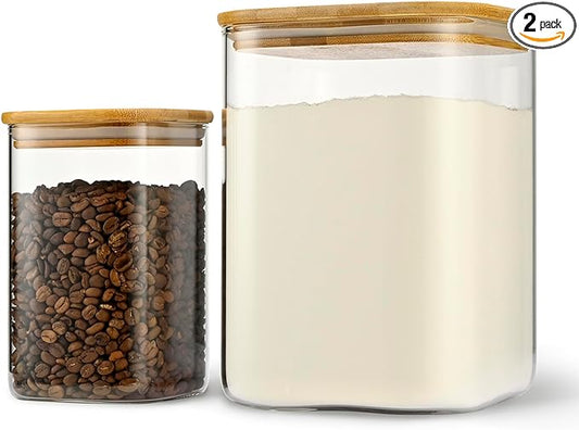 D2scrma 122oz 41oz Airtight Glass Square Storage Canister with Bamboo Lid Set of 2(3600ml*1 1200ml*1) Large Storage Container Gallon Glass Jars, for Sugar, Flour, and Coffee bean (with Black Lable)
