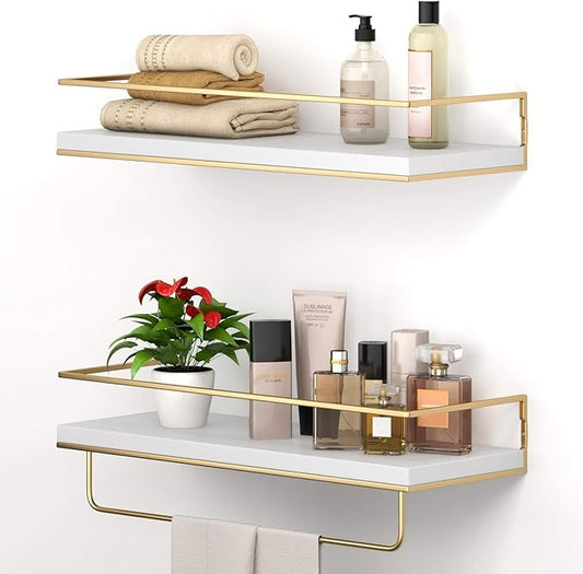 Shario White Floating Shelves - Set of 2, Wall Mounted Hanging Shelves with Golden Towel Rack, Decorative Storage Shelves for Bathroom, Kitchen, Living Room & Bedroom (White Gold, 15.7 Inches) | Hanging Shelves