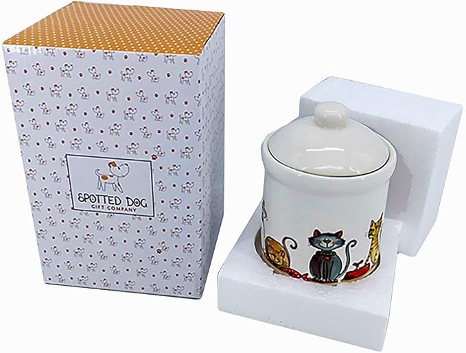 SPOTTED DOG GIFT COMPANY Ceramic Jar with Lid for Countertop, Cute Cat Treat Container, Decorative Kitchen Storage Jar for Tea Coffee Sugar, Gifts for People Who Love Cats 35oz