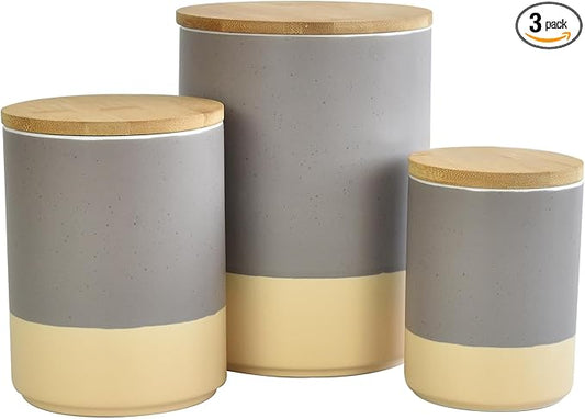 Canisters Sets for Kitchen,Set of 3 Ceramic Kitchen Canisters Food Storage Jar with Airtight Wood Lids,for Flour Cereal Sugar Tea Coffee Beans Snacks Containers(Gray)