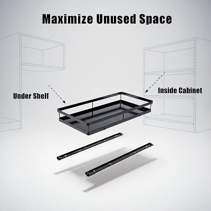 Pull Out Cabinet Organizer, Pull Out Drawers for Cabinets, No Drill Adhesive Slide Out Drawer, Kitchen Cabinet Organizer, Under Sink Organizer, Cabinet Pull Out Shelf, Heavy Duty Metal Basket