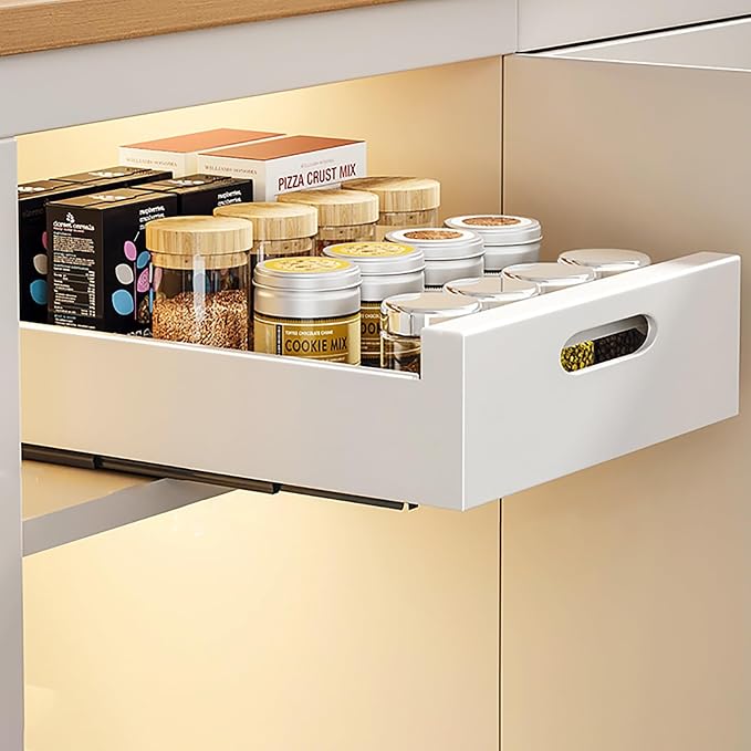 Slide Out Drawer Storage Shelves For Cupboard Cabinet,Extendable Sliding Drawer,No Need Drill and Nailing,for Pantry and Bathroom Vanity,with Adhesive Nano Film. ( Color : White , Size : 30*43*7cm )
