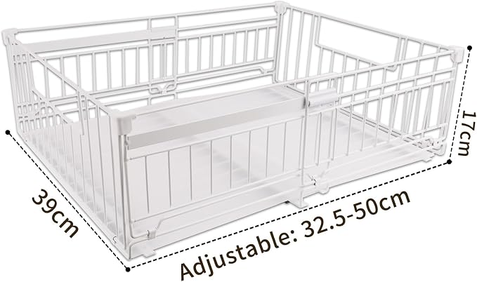 Expandable Pull Out Cabinet Organiser, No Drill Adhesive Slide Out Kitchen Drawer Shelf Durable Metal for Under Sink, Cupboard, Pantry, Adjustable Width (12.8"-19.7") (Style B White, 1 Pack)