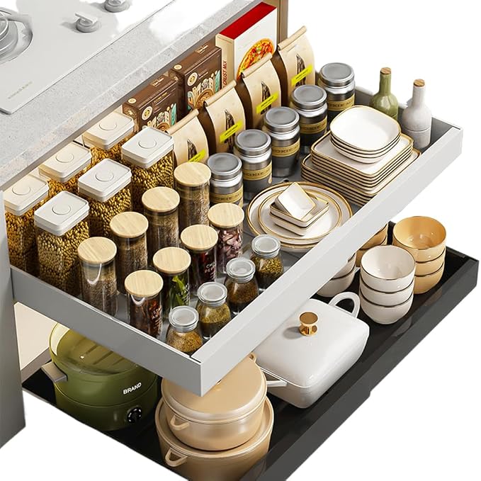 2 Pack No-Drill Pull Out Cabinet Organizer, Roll Out Sliding Storage Shelf, Slide-Out Base Cabinet Organizer for Kitchen Organization
