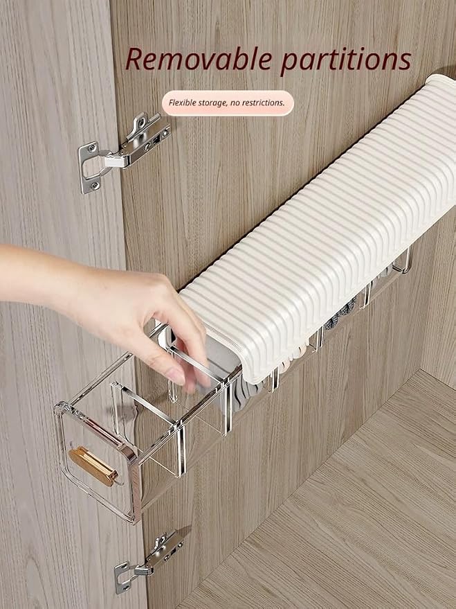 2 PCS No-Drill Wall Mount Underwear Organizer - Clear Drawer with Removable Dividers for Closet, 6-Slot Hanging Storage for Socks, Bras, Panties, Smooth Gliding & Space Saving (White&Transparent)