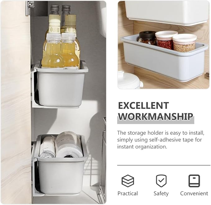 KALLORY Wall Mount Pull-out Storage Box Organizer Gray, Adhesive Cabinet Rack with No-drill Hanging Design, Kitchen and Bathroom Storage Holder for Home Organization