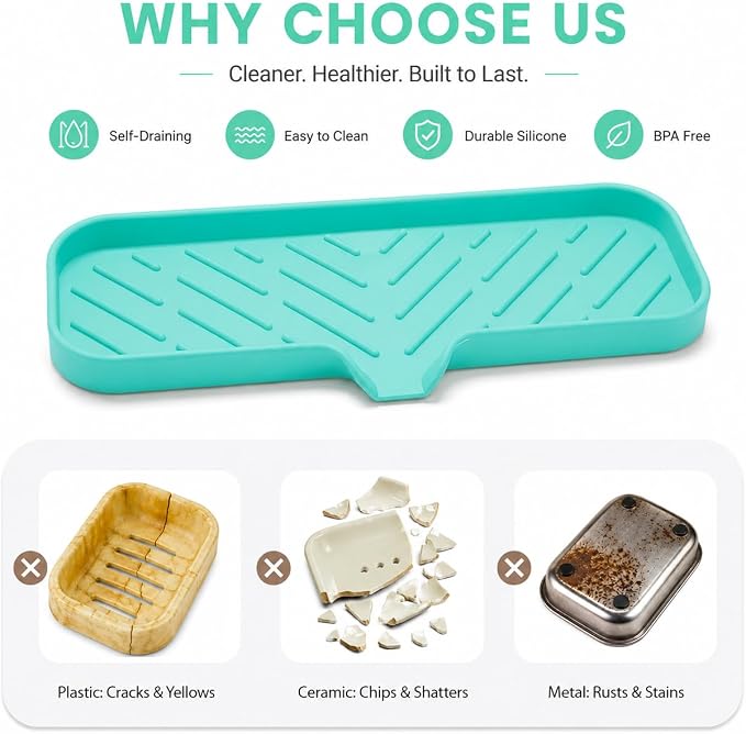 MicoYang Silicone Soap Dish with Drain Spout — Self-Draining Double Sink Organizer Tray for Kitchen & Bathroom, Dispensers, Sponges & Soap Holder, Non-Slip & Dishwasher Safe, Mint (Large, 12"×4")
